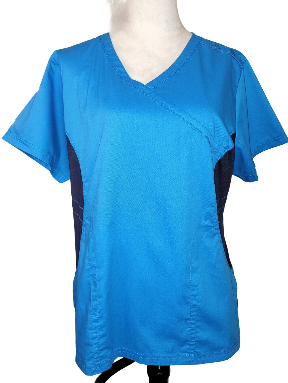 Maevn V-neck Scrub Top Side Stretch Panels Blue & Black Size Large